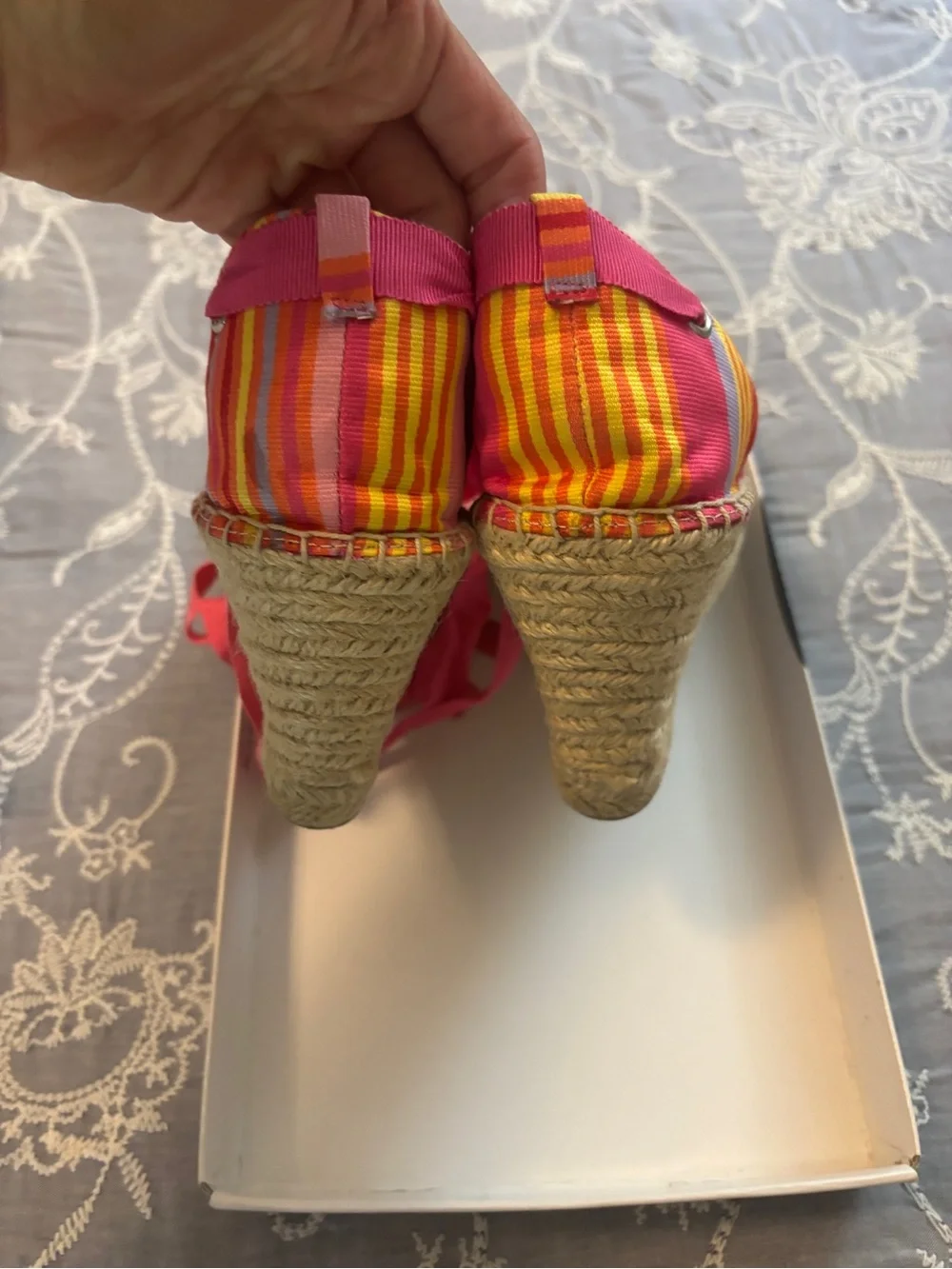 Nine West Pink and Yellow Striped Espadrille Wedges